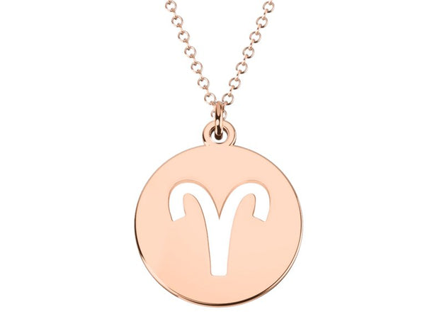 Aries Zodiac Round Charm Pendant Necklace - 14k Rose gold plated Sterling Silver