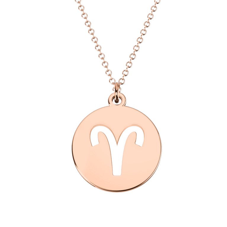 Aries Zodiac Round Charm Pendant Necklace - 14k Rose gold plated Sterling Silver