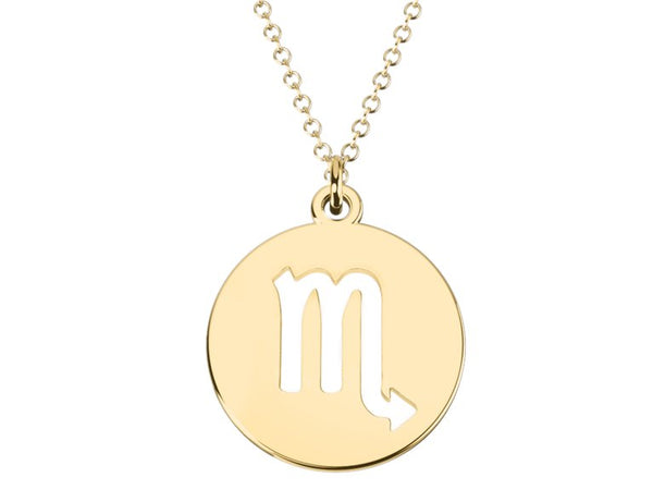 scorpio Zodiac Sign Cutout Disc 14K yellow Gold Plated Pendant 16