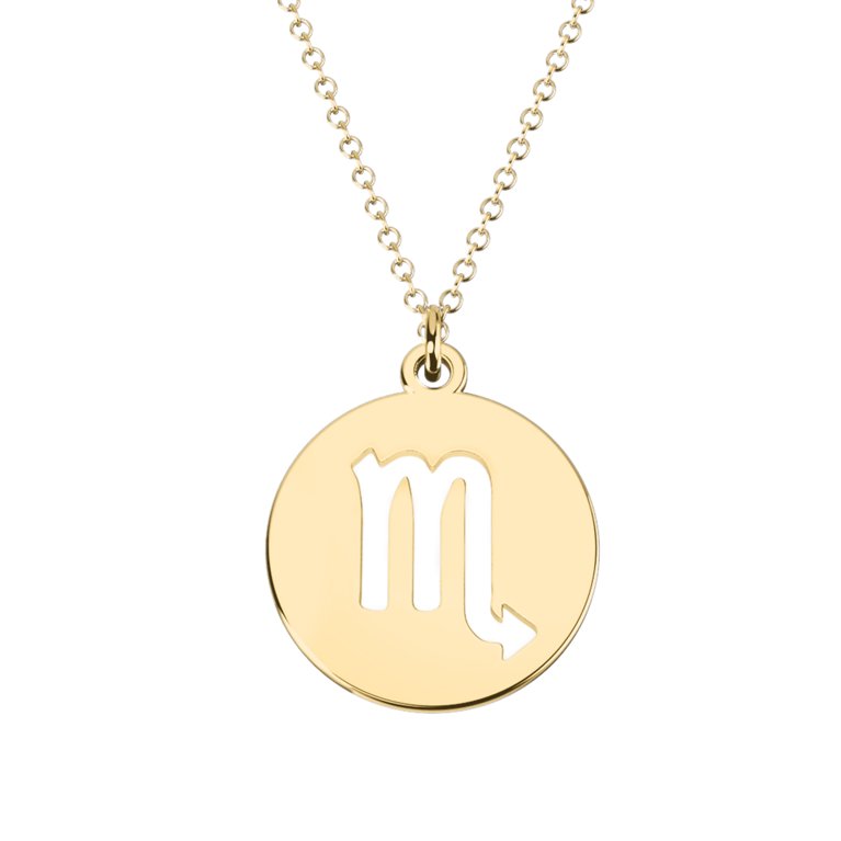 scorpio Zodiac Sign Cutout Disc 14K yellow Gold Plated Pendant 16