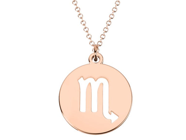 scorpio Zodiac astrology Sign charm Disc Pendant- Rose Gold Plated with 18