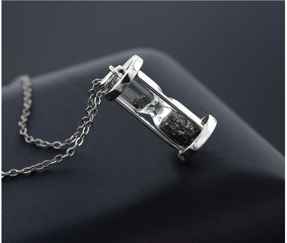 Black diamond gem Dust Hourglass Pendant,0.05 Ct 'Time in a Bottle'.925 sterling silver