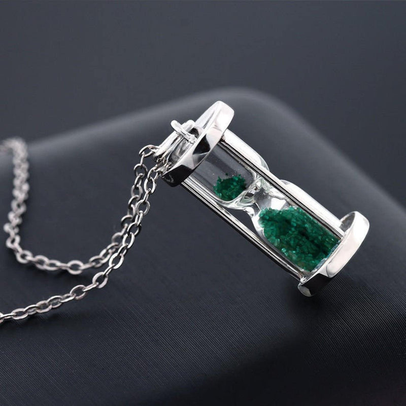 Genuine Emerald 0.75 ct dust Hourglass Birth Time in a Bottle silver Pendant