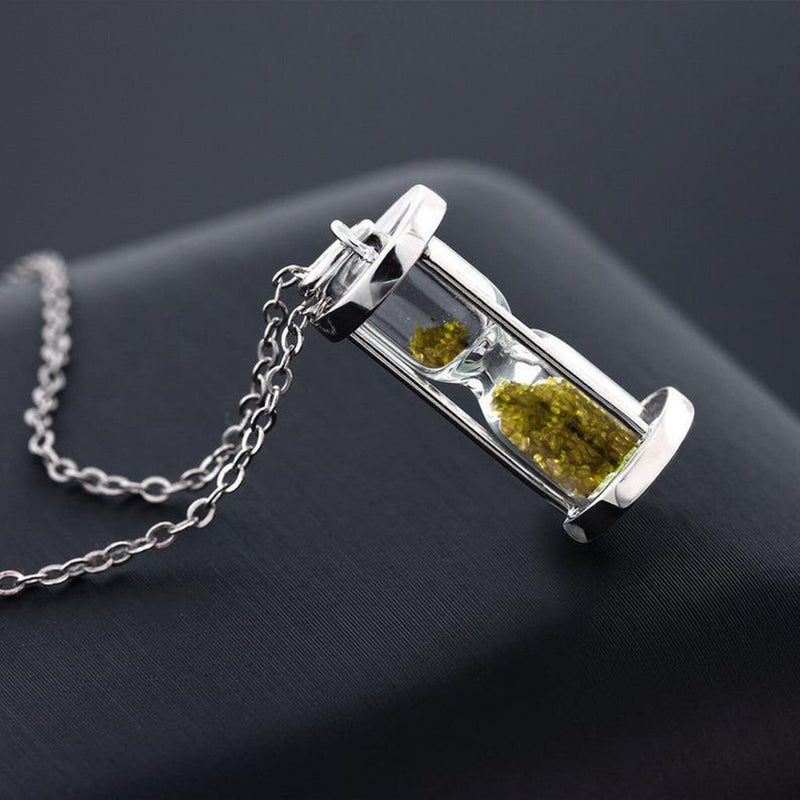 Peridot Dust Hourglass Birthstone Pendant,0.75 Ct'Time in a Bottle',.925 Silver