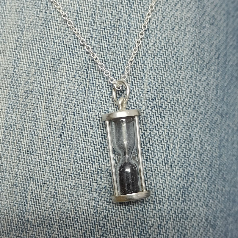 Black diamond gem Dust Hourglass Pendant,0.05 Ct 'Time in a Bottle'.925 sterling silver