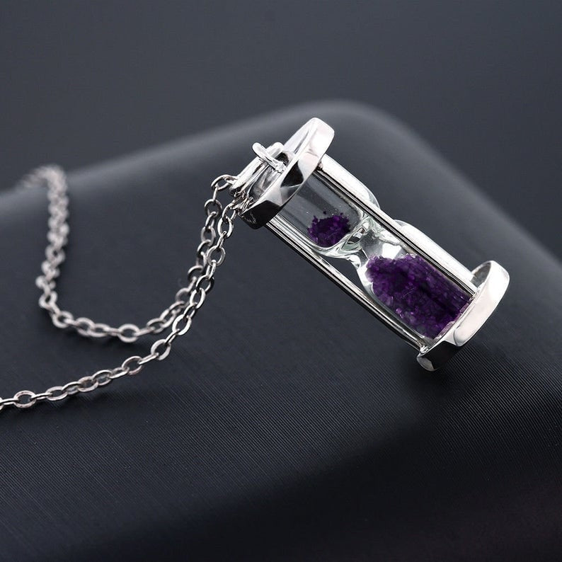 Amethyst dust Hourglass pendant 0.75 Ct 'Time in a Bottle 925 Sterling Silver