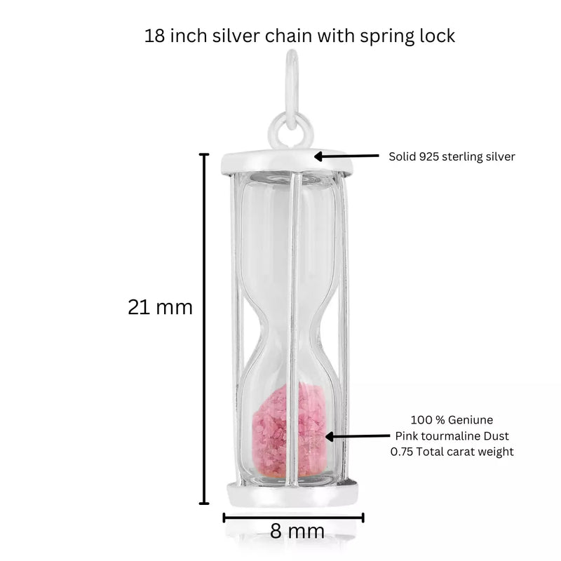 Pink tourmaline Dust Hourglass,0.75 Ct'Time in Bottle 925 sterling silver Pendant